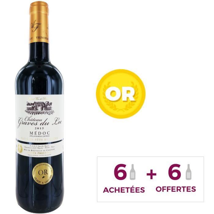 6 achetées = 6 offertes Château Graves Du Loc AOC Médoc 2015 - Vin rouge