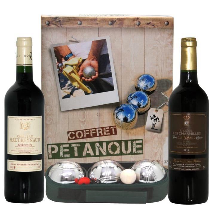 Coffret cadeau : bouteille de vin et set de 3 boules de pétanque  personnalisé