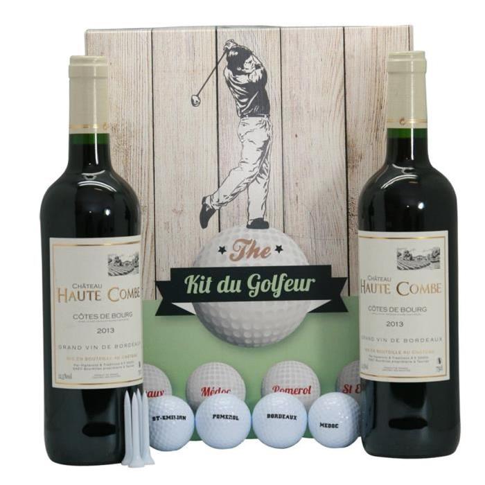 Coffret Golf 4 balles + tee + 2 btles de Bordeaux